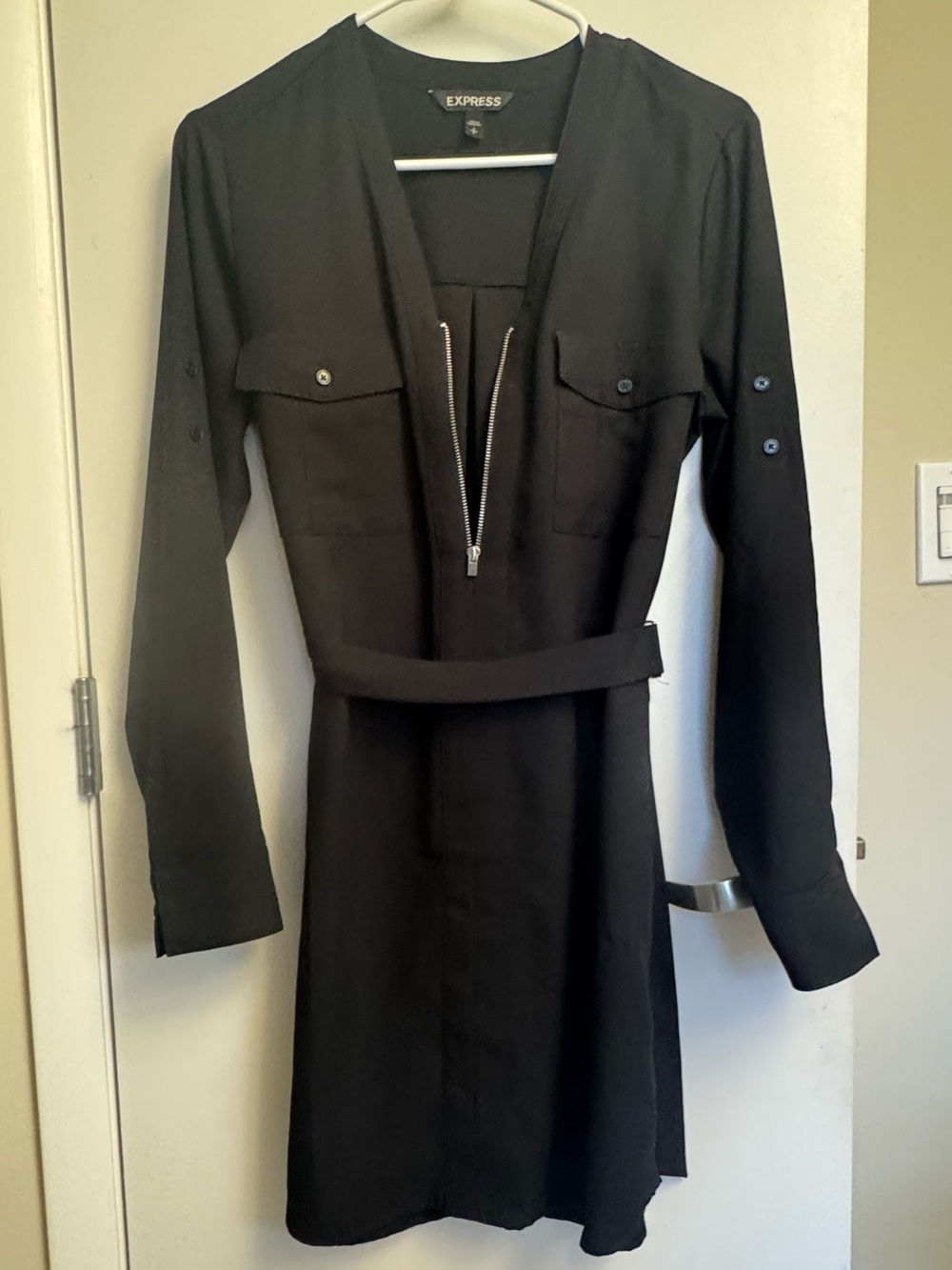 Express Black Long Sleeve Shirt Dress with Zip and Belt